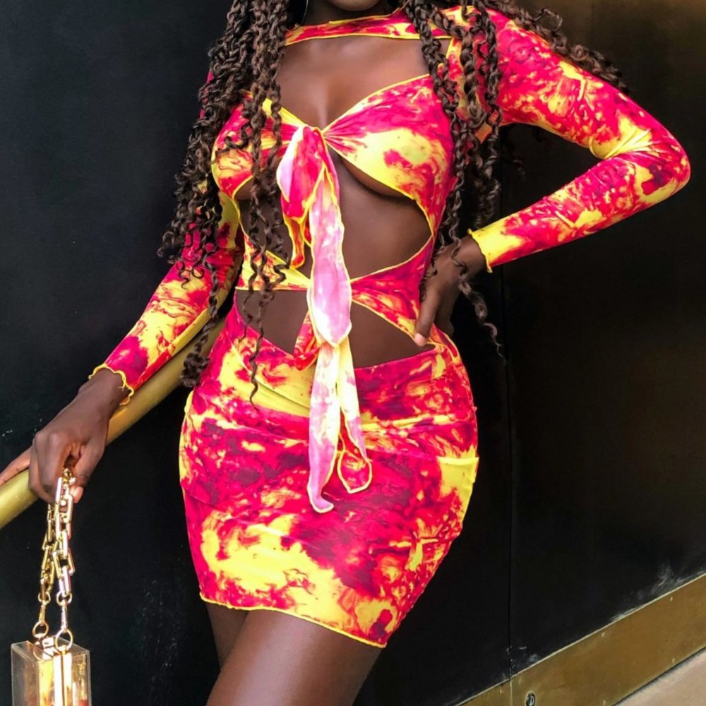 Mesh Long Sleeve Tie Dye Mini Hollow Out Bodycon Dress